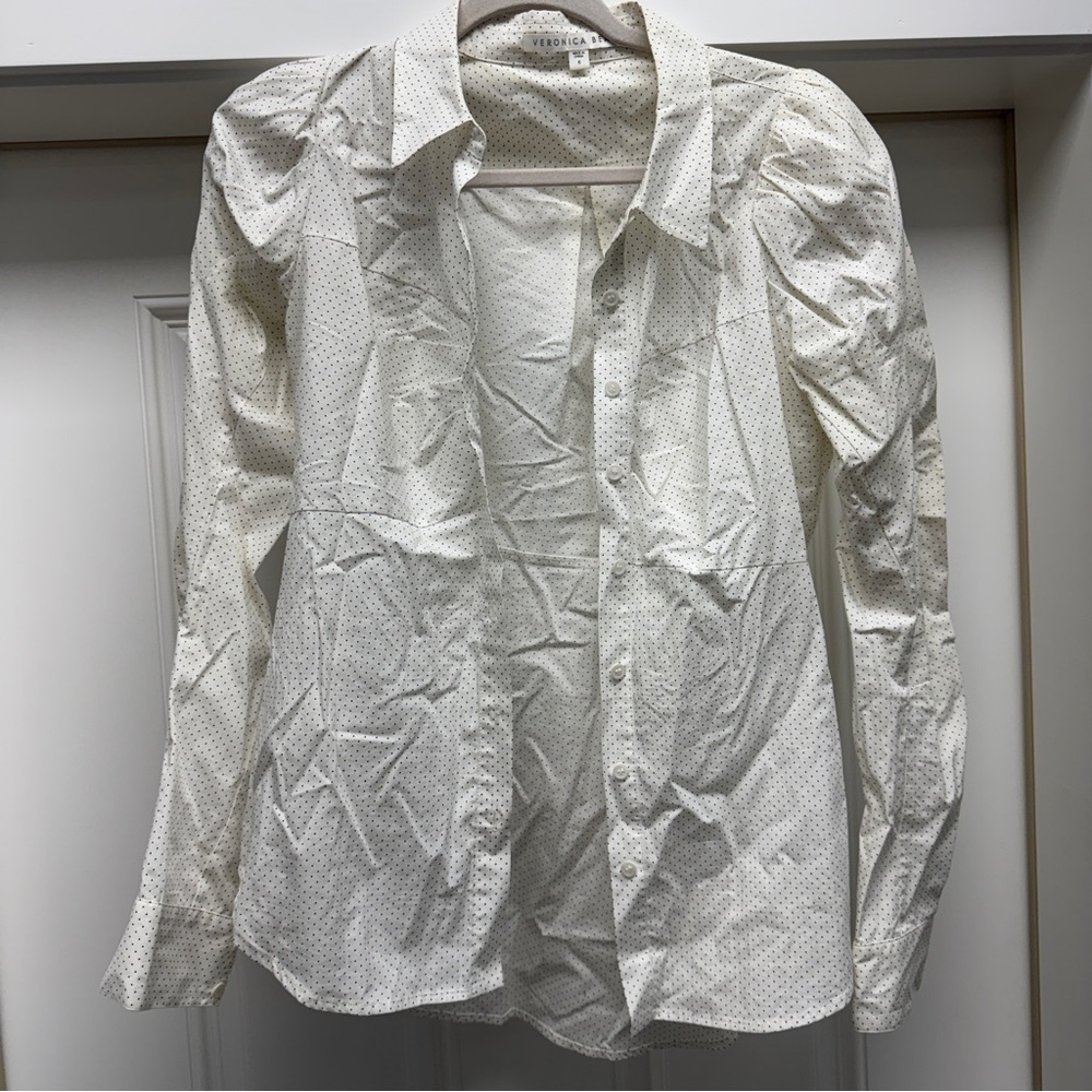 Veronica Beard Candice Pouf Sleeve Buttondown Shirt Polka Dot Print White Black - Picture 7 of 12